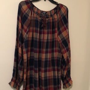 Chaps Plaid Peasant Blouse in Navy, Burgundy, Tan